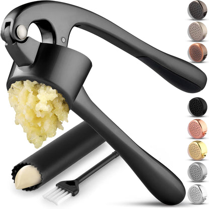 Large Premium Garlic Press Set - Bigger Bowl for Bigger Garlic - Rust Proof Garlic Mincer Tool - Easy-Squeeze, Easy-Clean Silicone Garlic Peeler & Brush (Silver)