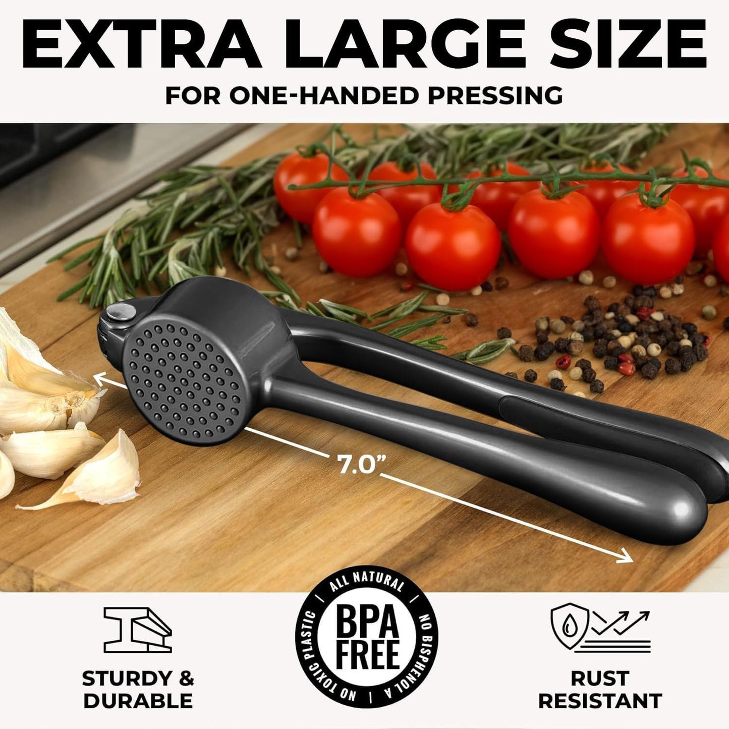 Large Premium Garlic Press Set - Bigger Bowl for Bigger Garlic - Rust Proof Garlic Mincer Tool - Easy-Squeeze, Easy-Clean Silicone Garlic Peeler & Brush (Silver)
