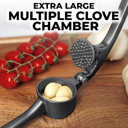 Large Premium Garlic Press Set - Bigger Bowl for Bigger Garlic - Rust Proof Garlic Mincer Tool - Easy-Squeeze, Easy-Clean Silicone Garlic Peeler & Brush (Silver)