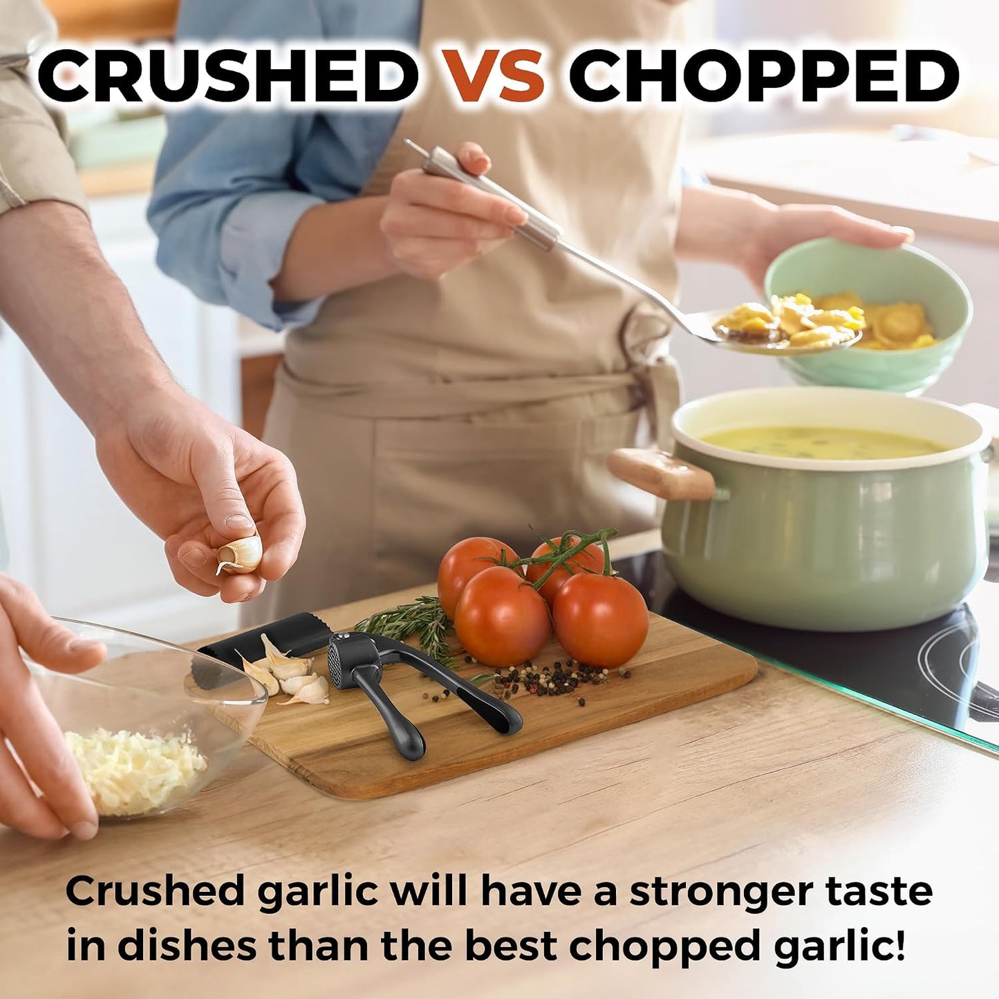 Large Premium Garlic Press Set - Bigger Bowl for Bigger Garlic - Rust Proof Garlic Mincer Tool - Easy-Squeeze, Easy-Clean Silicone Garlic Peeler & Brush (Silver)