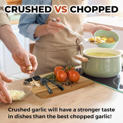 Large Premium Garlic Press Set - Bigger Bowl for Bigger Garlic - Rust Proof Garlic Mincer Tool - Easy-Squeeze, Easy-Clean Silicone Garlic Peeler & Brush (Silver)