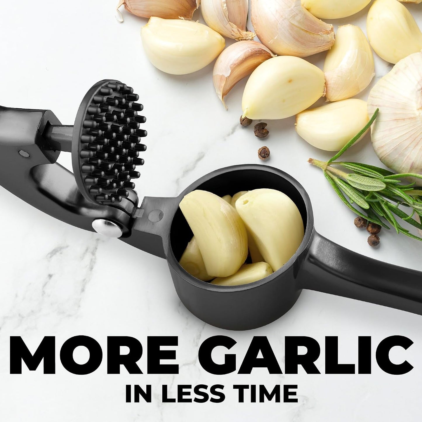 Large Premium Garlic Press Set - Bigger Bowl for Bigger Garlic - Rust Proof Garlic Mincer Tool - Easy-Squeeze, Easy-Clean Silicone Garlic Peeler & Brush (Silver)