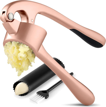 Large Premium Garlic Press Set - Bigger Bowl for Bigger Garlic - Rust Proof Garlic Mincer Tool - Easy-Squeeze, Easy-Clean Silicone Garlic Peeler & Brush (Silver)