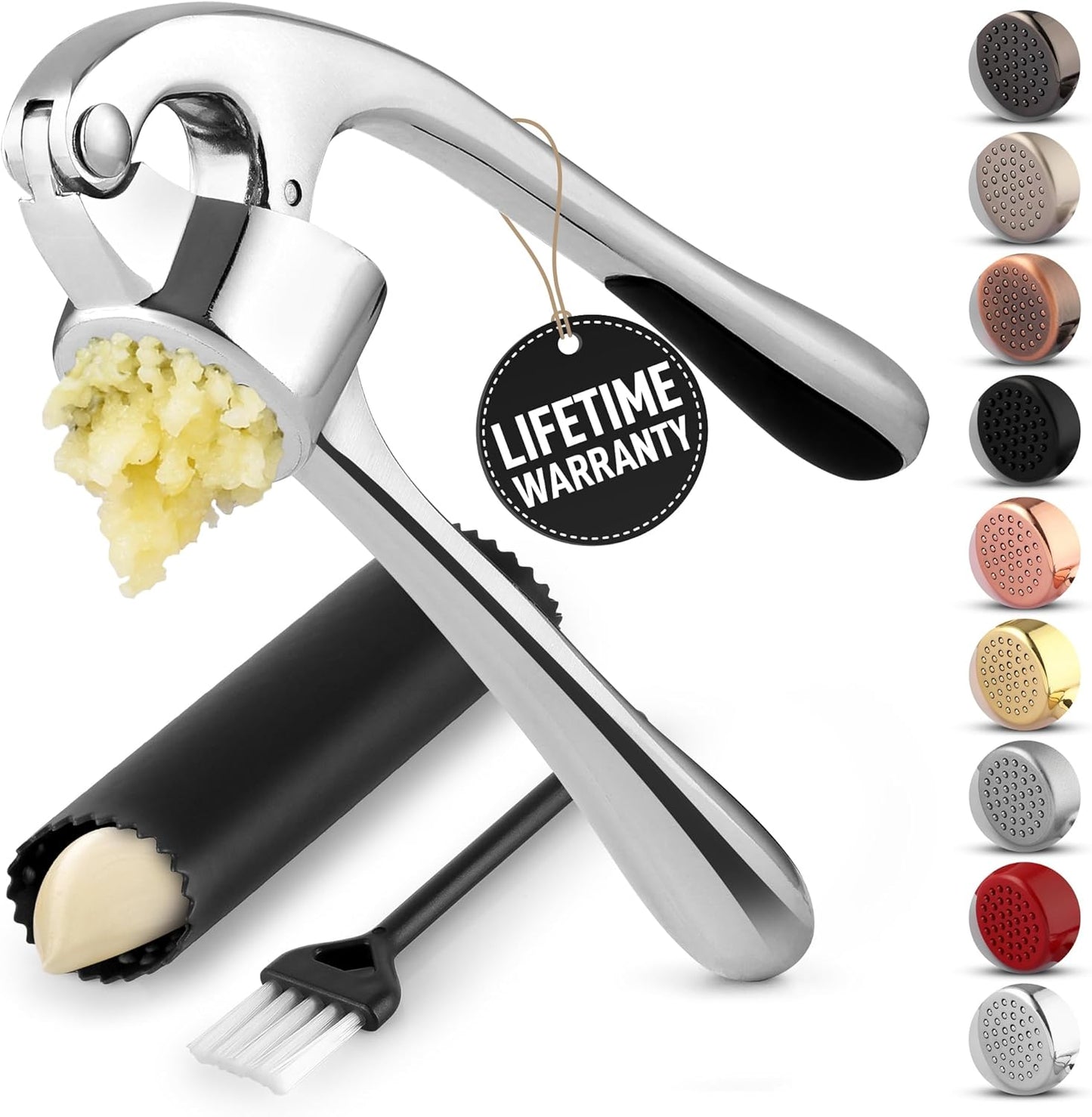 Large Premium Garlic Press Set - Bigger Bowl for Bigger Garlic - Rust Proof Garlic Mincer Tool - Easy-Squeeze, Easy-Clean Silicone Garlic Peeler & Brush (Silver)