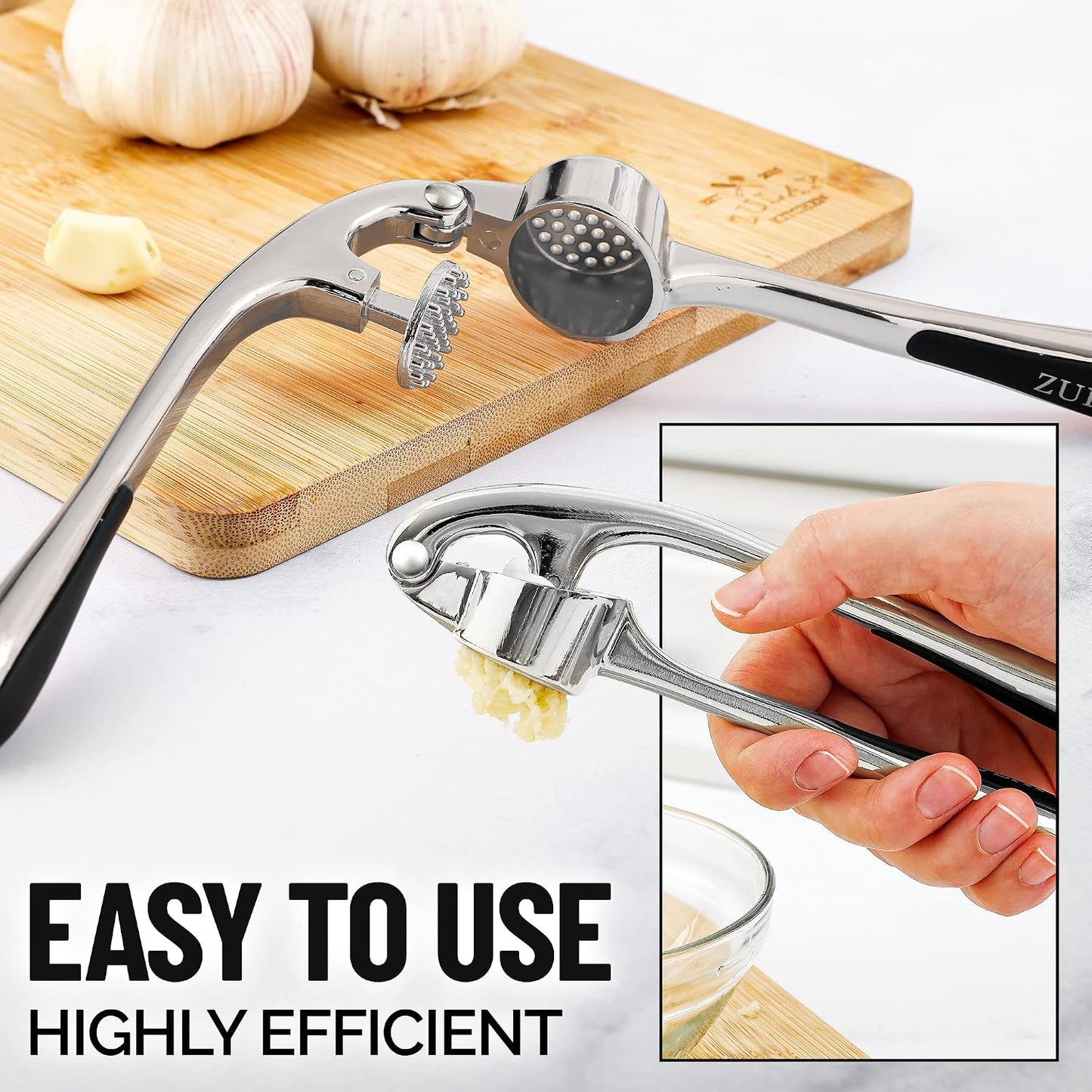 Large Premium Garlic Press Set - Bigger Bowl for Bigger Garlic - Rust Proof Garlic Mincer Tool - Easy-Squeeze, Easy-Clean Silicone Garlic Peeler & Brush (Silver)