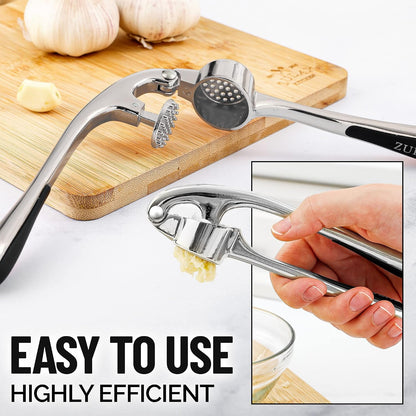 Large Premium Garlic Press Set - Bigger Bowl for Bigger Garlic - Rust Proof Garlic Mincer Tool - Easy-Squeeze, Easy-Clean Silicone Garlic Peeler & Brush (Silver)