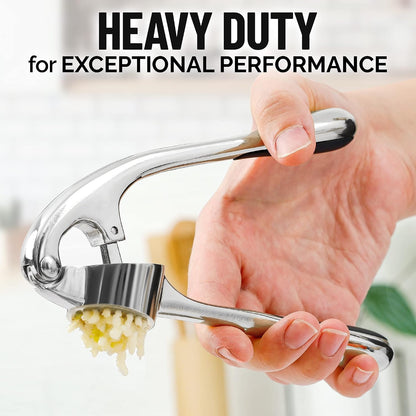 Large Premium Garlic Press Set - Bigger Bowl for Bigger Garlic - Rust Proof Garlic Mincer Tool - Easy-Squeeze, Easy-Clean Silicone Garlic Peeler & Brush (Silver)