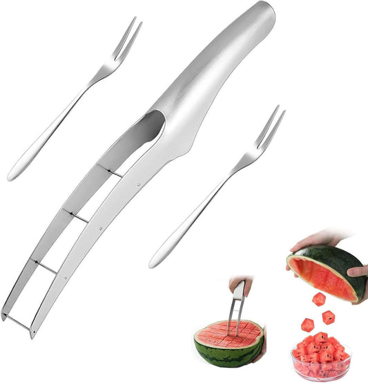 Watermelon Cutter Slicer with 2 Pieces Forks, Stainless Steel | Watermelon Cube Cutter, Watermelon Knife, Melon Slicer, Cube Cutters Fruit Vegetable Knives, Kitchen Gadget