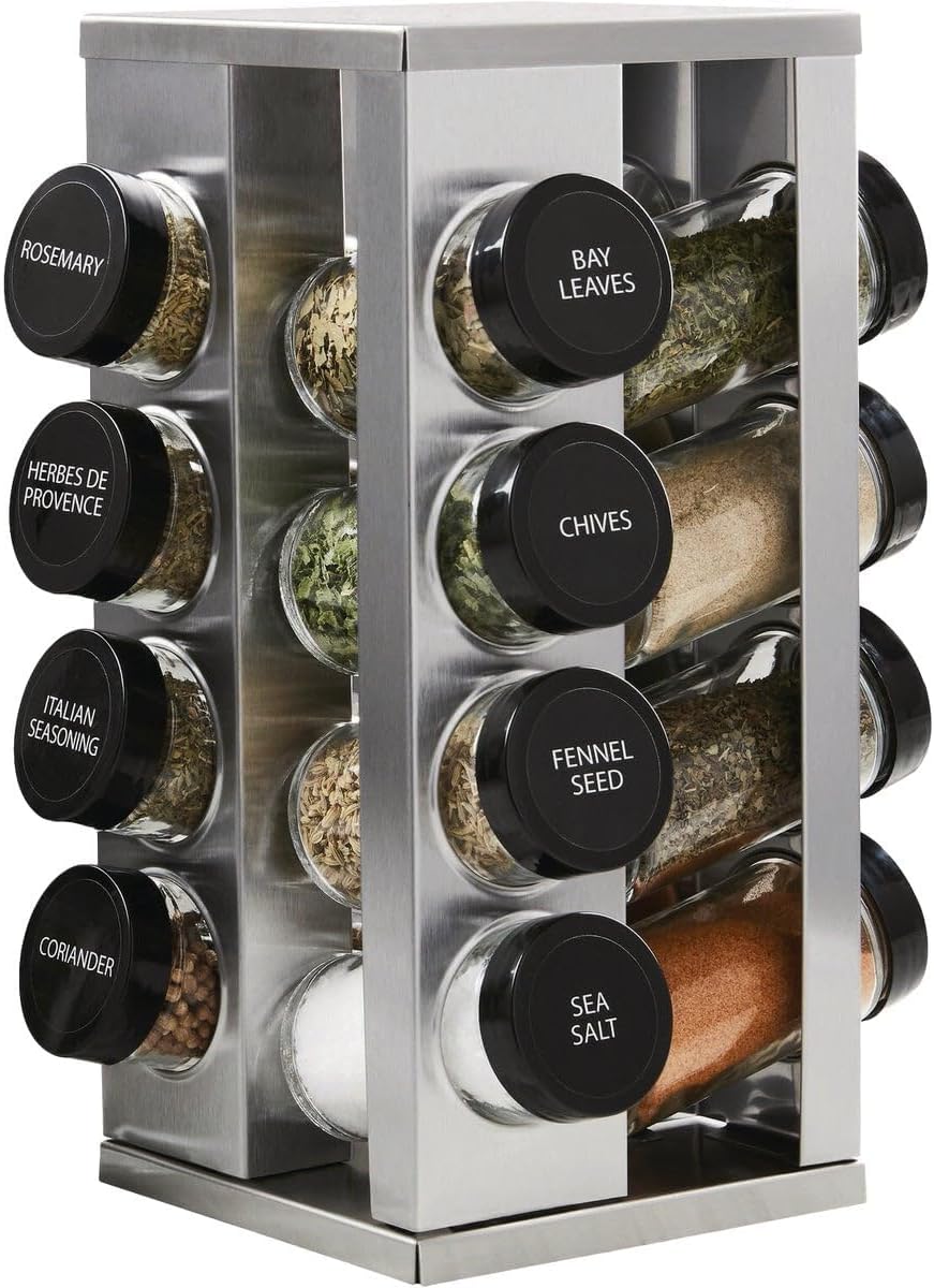 16 Jar Heritage Revolving Countertop Spice Rack Organizer with Spices Included, FREE Spice Refills for 5 years, Brushed Stainless Steel with Black Caps | Revolving