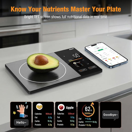 Smart Food Scale with Nutritional Calculator, 50 Foods Preload | Free App for 24 Nutrients Tracking, Calorie, Fat, Carb, Protein, Digital Food Kitchen Scale for Meal Prep Healthy Diet, 11lb