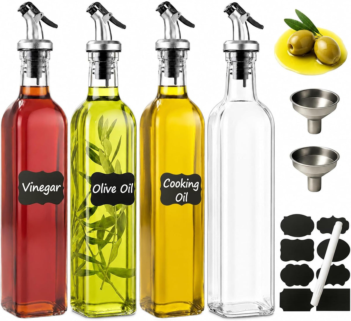 Oil Bottles for Kitchen 4 Pack, 17oz Oil and Vinegar Dispenser Set