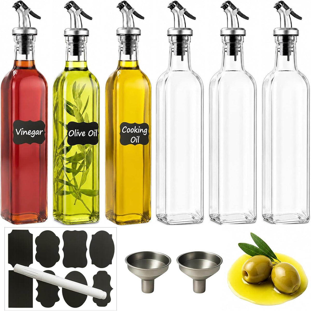 Oil Bottles for Kitchen 4 Pack, 17oz Oil and Vinegar Dispenser Set