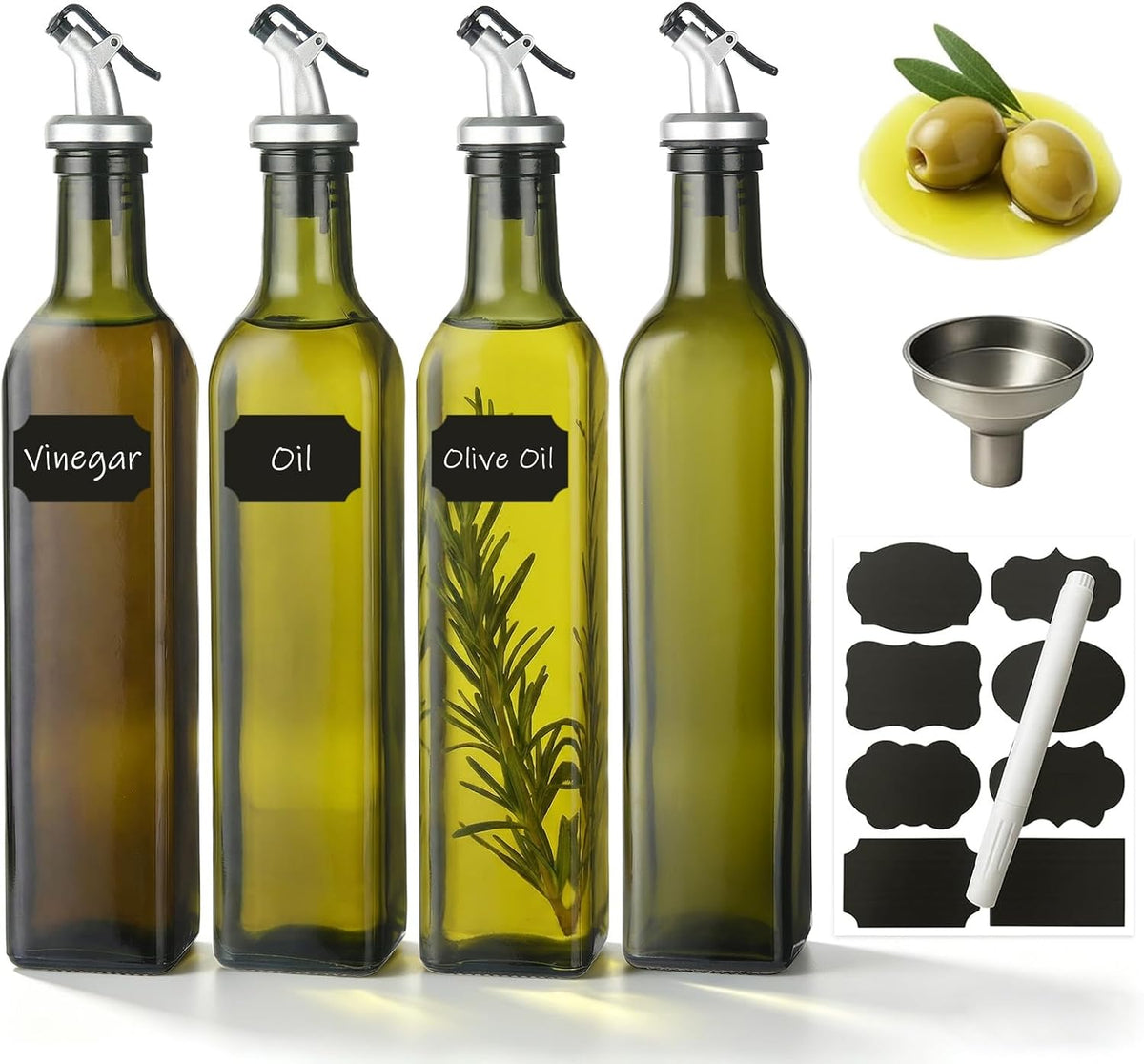 Oil Bottles for Kitchen 4 Pack, 17oz Oil and Vinegar Dispenser Set