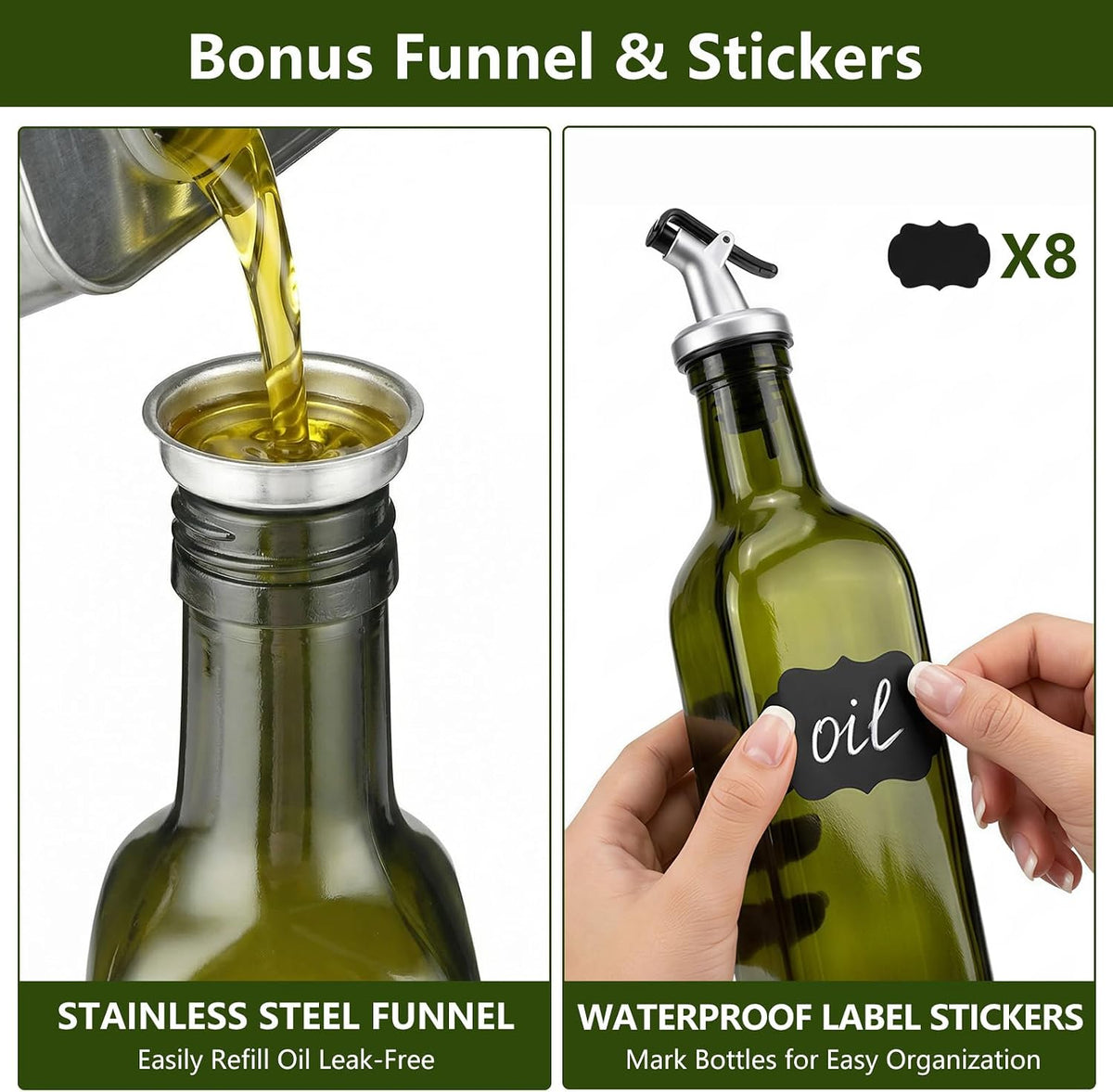 Oil Bottles for Kitchen 4 Pack, 17oz Oil and Vinegar Dispenser Set
