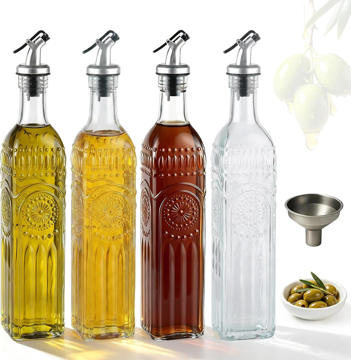 Oil Bottles for Kitchen 4 Pack, 17oz Oil and Vinegar Dispenser Set