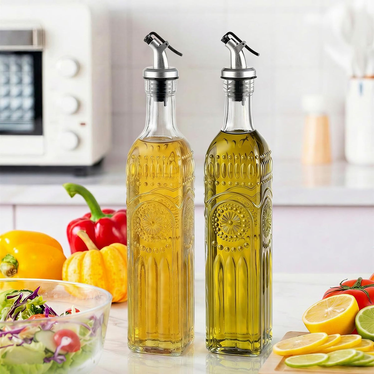 Oil Bottles for Kitchen 4 Pack, 17oz Oil and Vinegar Dispenser Set