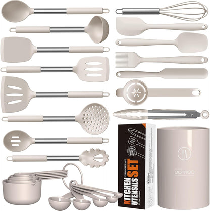Large Silicone Cooking Utensils Set - Heat Resistant Kitchen Utensils,Turner Tongs,Spatula,Spoon,Brush,Whisk,Stainless Steel Cooking Tool for Nonstick Cookware,Dishwasher Safe (Khaki)