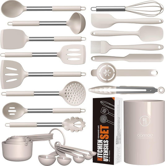 Large Silicone Cooking Utensils Set - Heat Resistant Kitchen Utensils,Turner Tongs,Spatula,Spoon,Brush,Whisk,Stainless Steel Cooking Tool for Nonstick Cookware,Dishwasher Safe (Khaki)