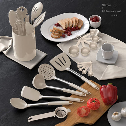 Large Silicone Cooking Utensils Set - Heat Resistant Kitchen Utensils,Turner Tongs,Spatula,Spoon,Brush,Whisk,Stainless Steel Cooking Tool for Nonstick Cookware,Dishwasher Safe (Khaki)