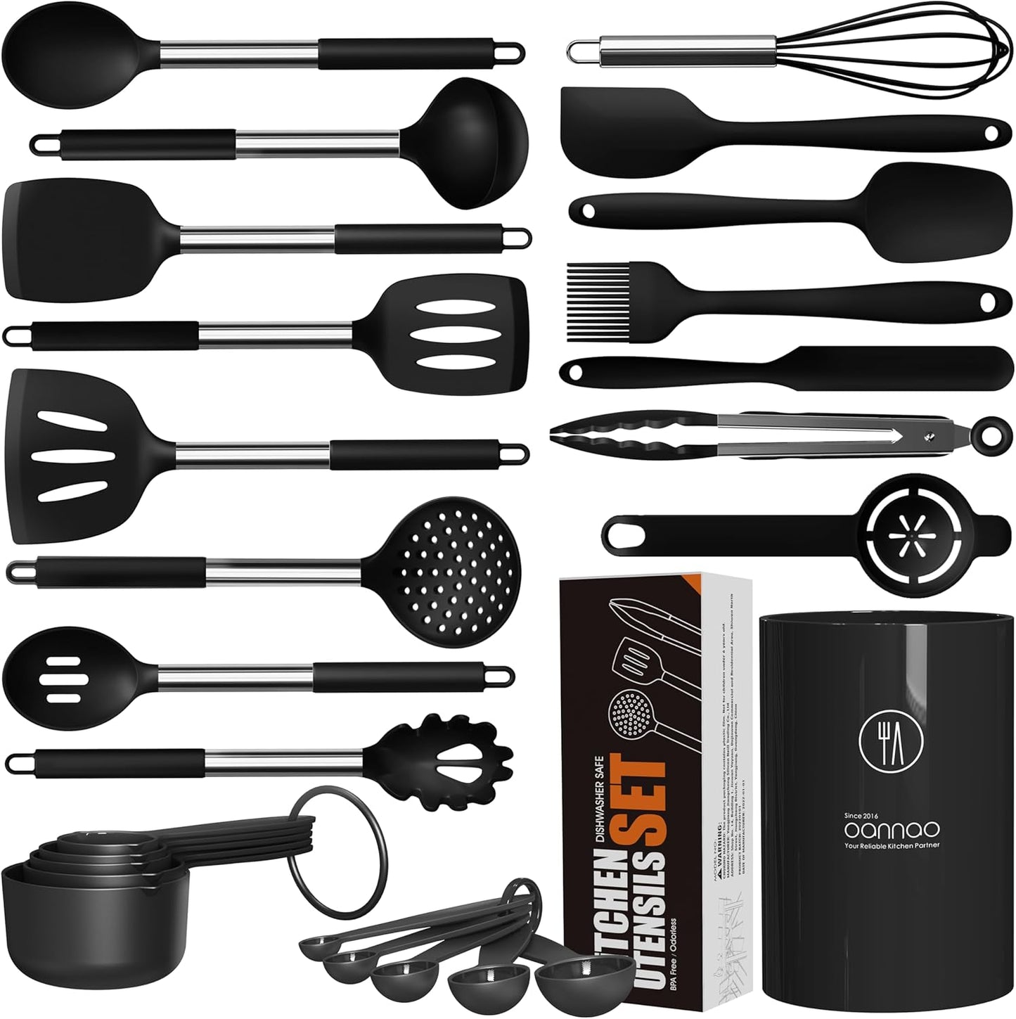 Large Silicone Cooking Utensils Set - Heat Resistant Kitchen Utensils,Turner Tongs,Spatula,Spoon,Brush,Whisk,Stainless Steel Cooking Tool for Nonstick Cookware,Dishwasher Safe (Khaki)