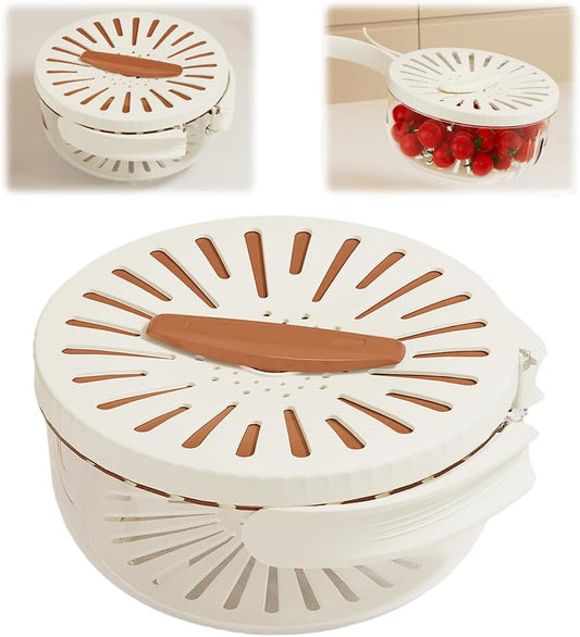 Multifunctional Fruit and Vegetable Washing Bowl, 2025 Upgraded Fruit Drainer Container with Handle and Cover, 2 in 1 Drainer, Bilayer Collapsible Fruit Washing Basket (Brown)