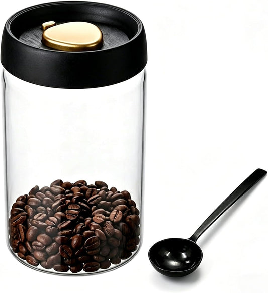 Glass Vacuum Coffee Canister, Push-Button Airtight Clear Coffee Bean Storage Container with Steel Scoop, 1.2L/16oz Food Jar for Coffee Beans, Tea & Herbs
