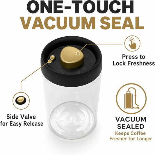 Glass Vacuum Coffee Canister, Push-Button Airtight Clear Coffee Bean Storage Container with Steel Scoop, 1.2L/16oz Food Jar for Coffee Beans, Tea & Herbs