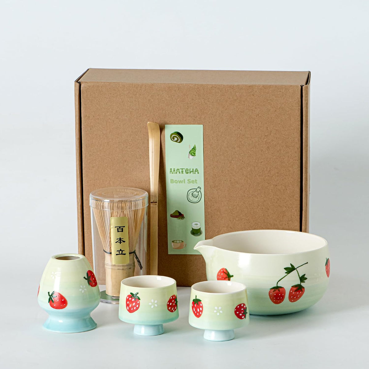 Matcha Whisk Set with Spout, Bowl & Holder, Cute Ceramic Teacups-Strawberry