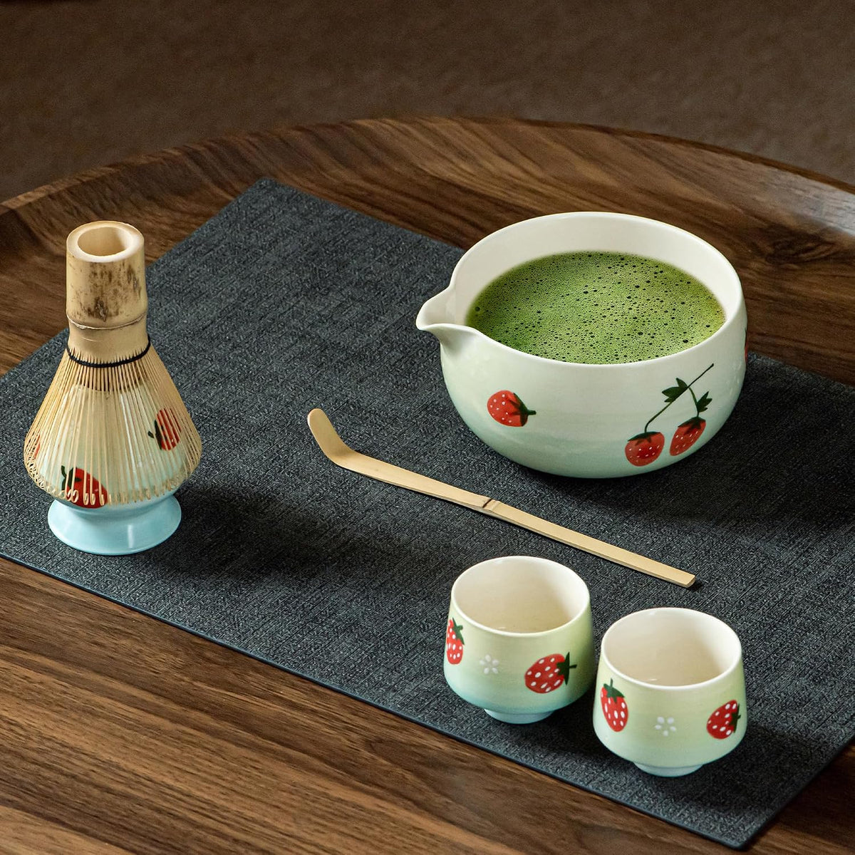 Matcha Whisk Set with Spout, Bowl & Holder, Cute Ceramic Teacups-Strawberry