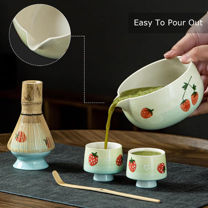Matcha Whisk Set with Spout, Bowl & Holder, Cute Ceramic Teacups-Strawberry