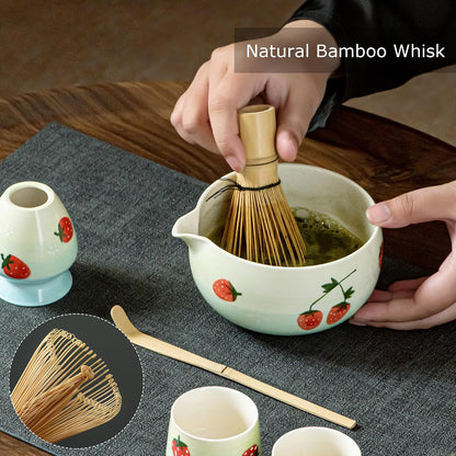 Matcha Whisk Set with Spout, Bowl & Holder, Cute Ceramic Teacups-Strawberry