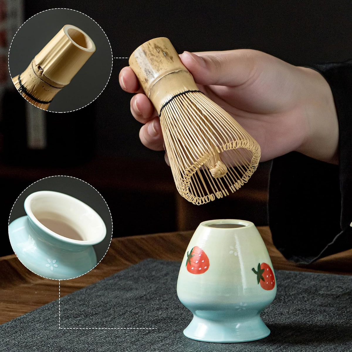 Matcha Whisk Set with Spout, Bowl & Holder, Cute Ceramic Teacups-Strawberry