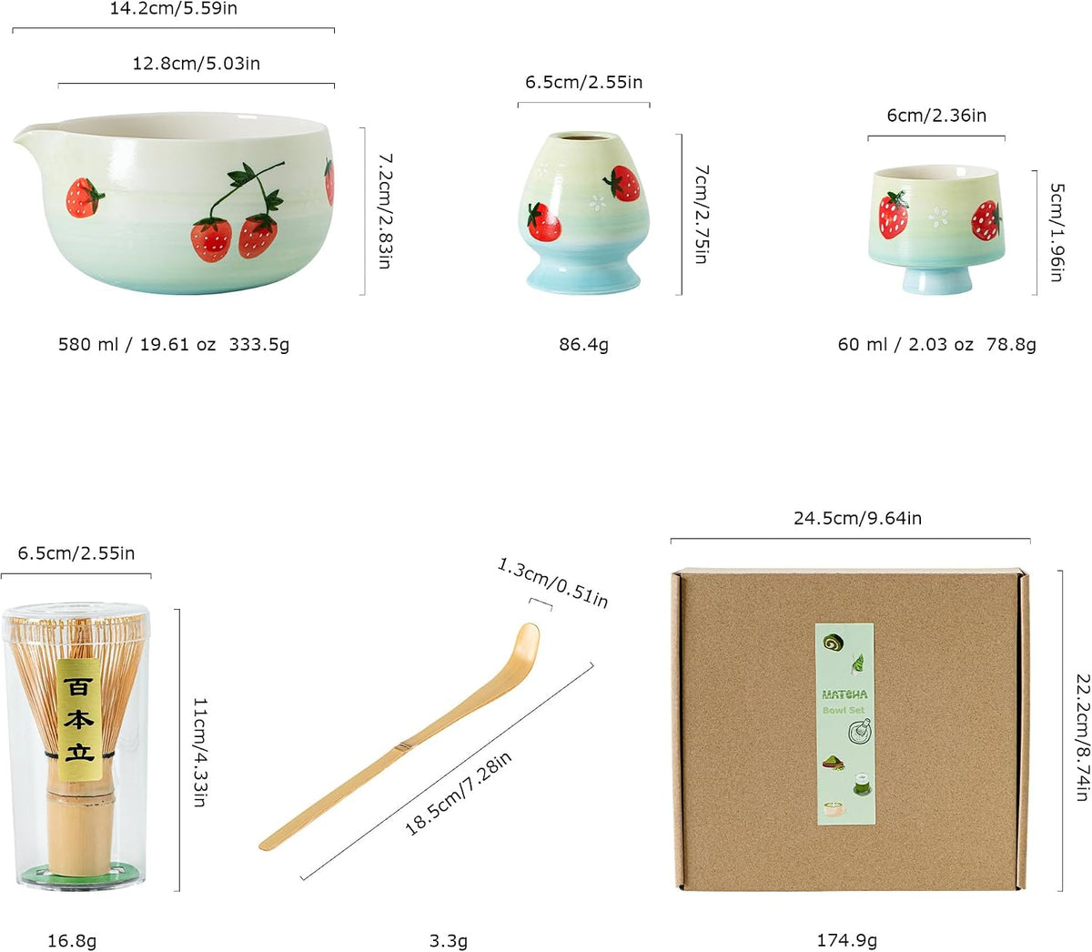 Matcha Whisk Set with Spout, Bowl & Holder, Cute Ceramic Teacups-Strawberry