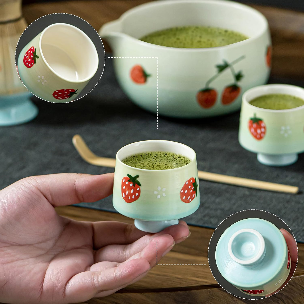 Matcha Whisk Set with Spout, Bowl & Holder, Cute Ceramic Teacups-Strawberry