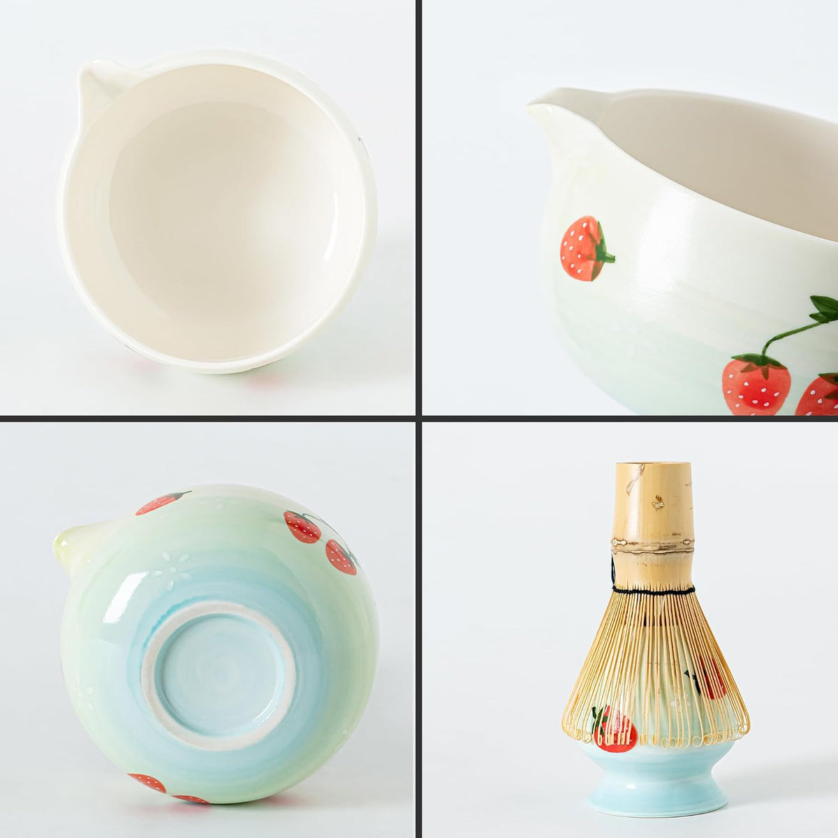 Matcha Whisk Set with Spout, Bowl & Holder, Cute Ceramic Teacups-Strawberry