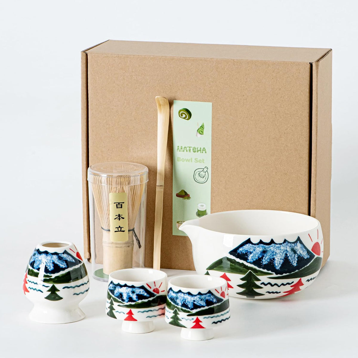 Matcha Whisk Set with Spout, Bowl & Holder, Cute Ceramic Teacups-Strawberry