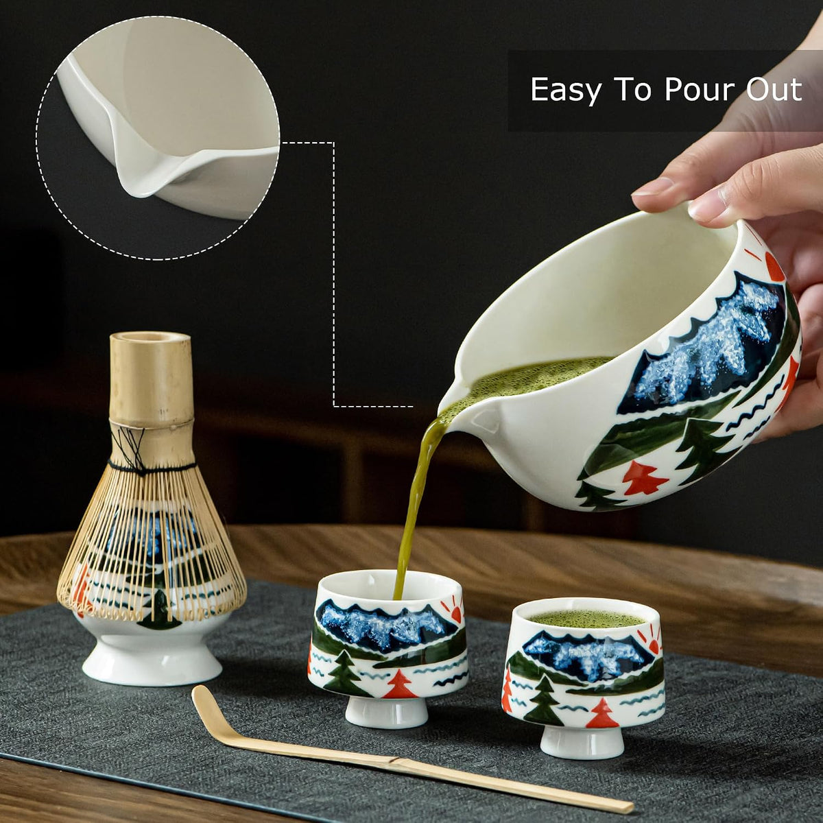 Matcha Whisk Set with Spout, Bowl & Holder, Cute Ceramic Teacups-Strawberry