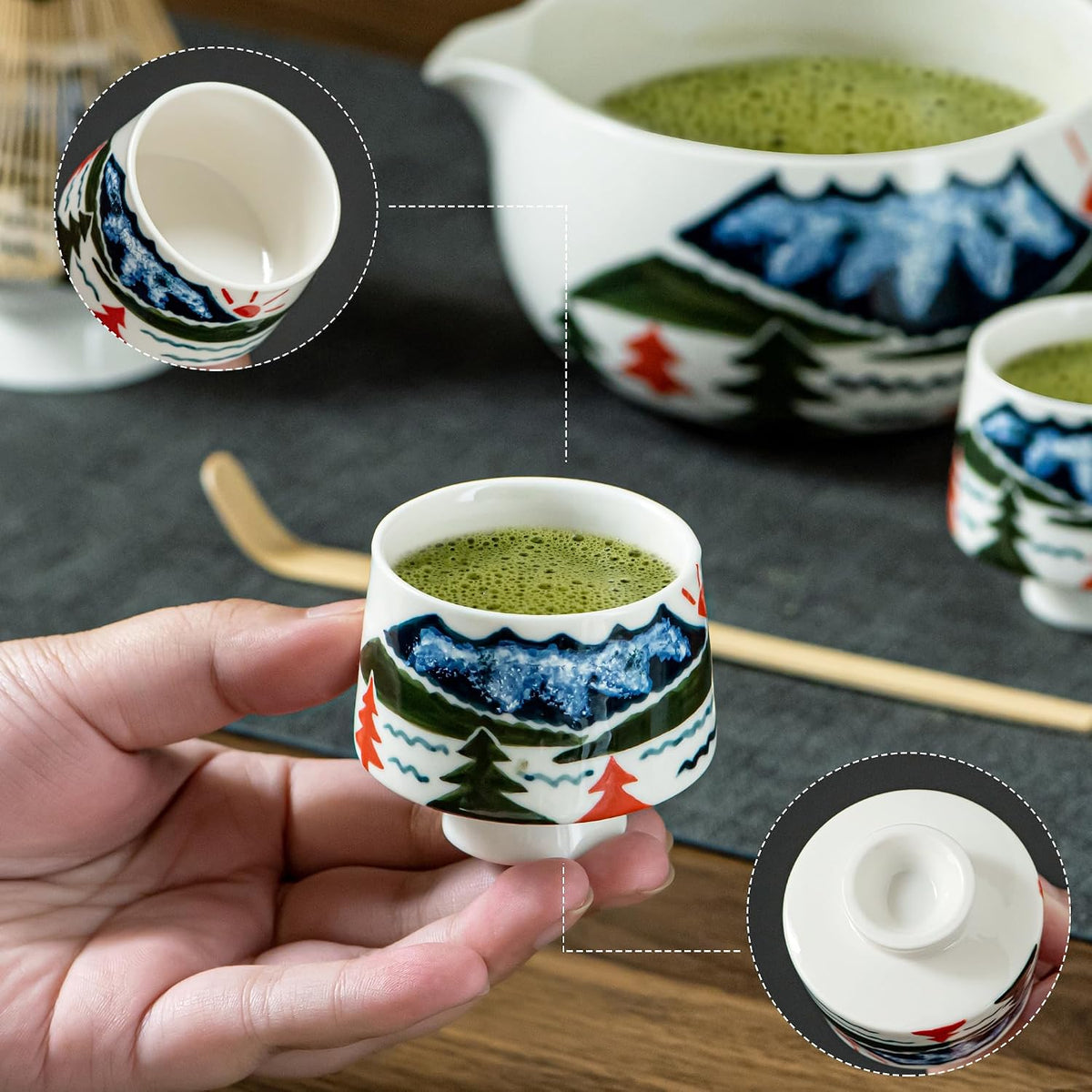 Matcha Whisk Set with Spout, Bowl & Holder, Cute Ceramic Teacups-Strawberry