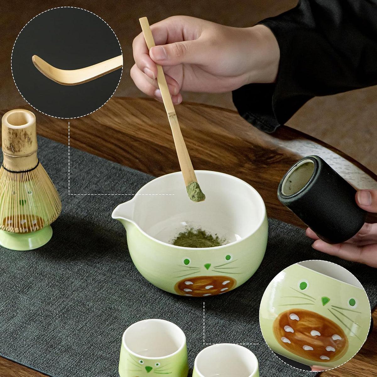 Matcha Whisk Set with Spout, Bowl & Holder, Cute Ceramic Teacups-Strawberry