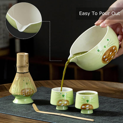 Matcha Whisk Set with Spout, Bowl & Holder, Cute Ceramic Teacups-Strawberry