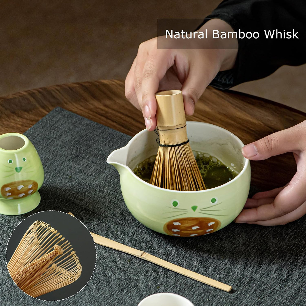 Matcha Whisk Set with Spout, Bowl & Holder, Cute Ceramic Teacups-Strawberry