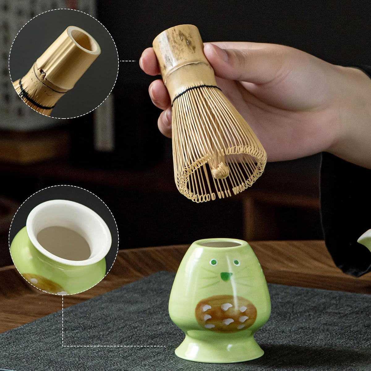 Matcha Whisk Set with Spout, Bowl & Holder, Cute Ceramic Teacups-Strawberry