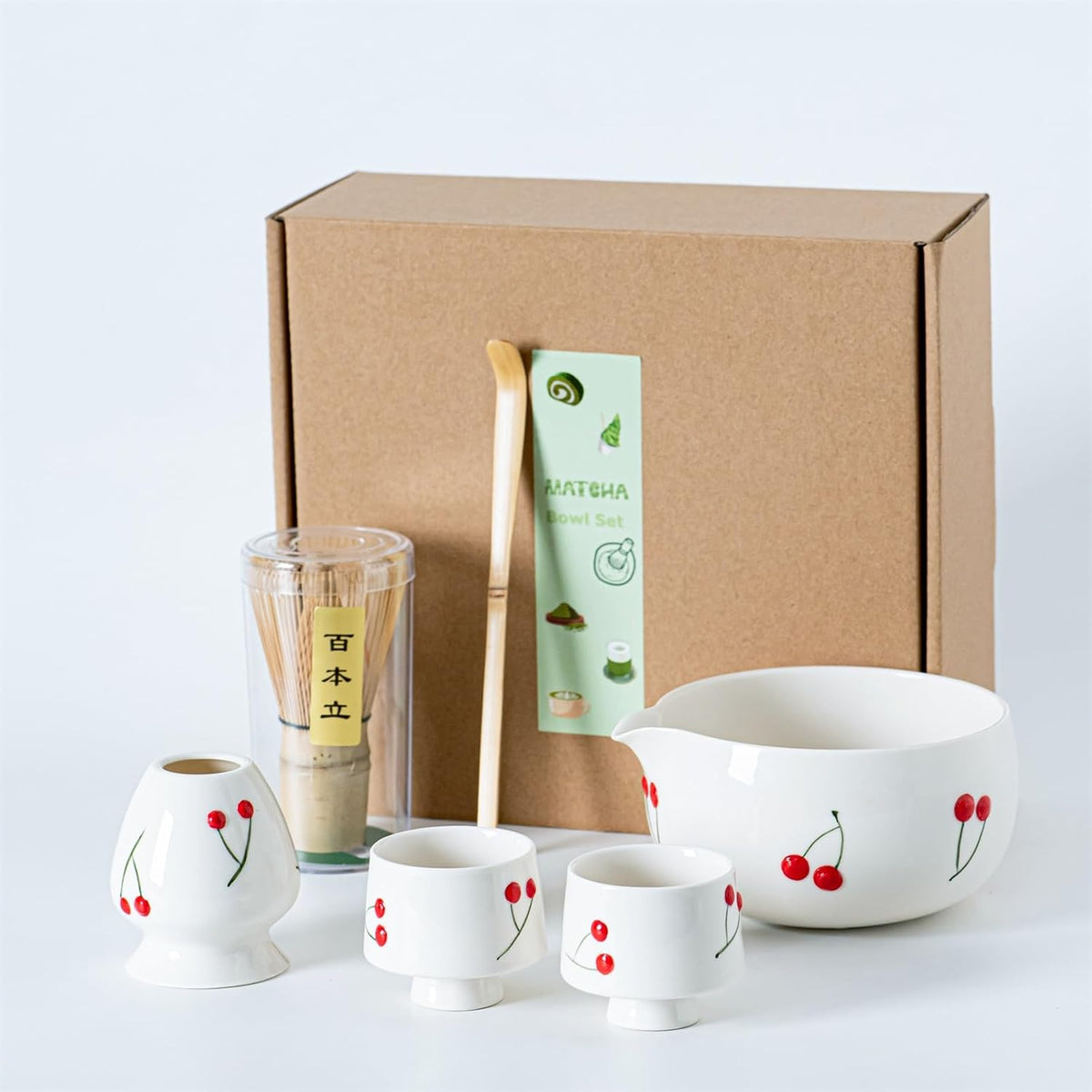 Matcha Whisk Set with Spout, Bowl & Holder, Cute Ceramic Teacups-Strawberry