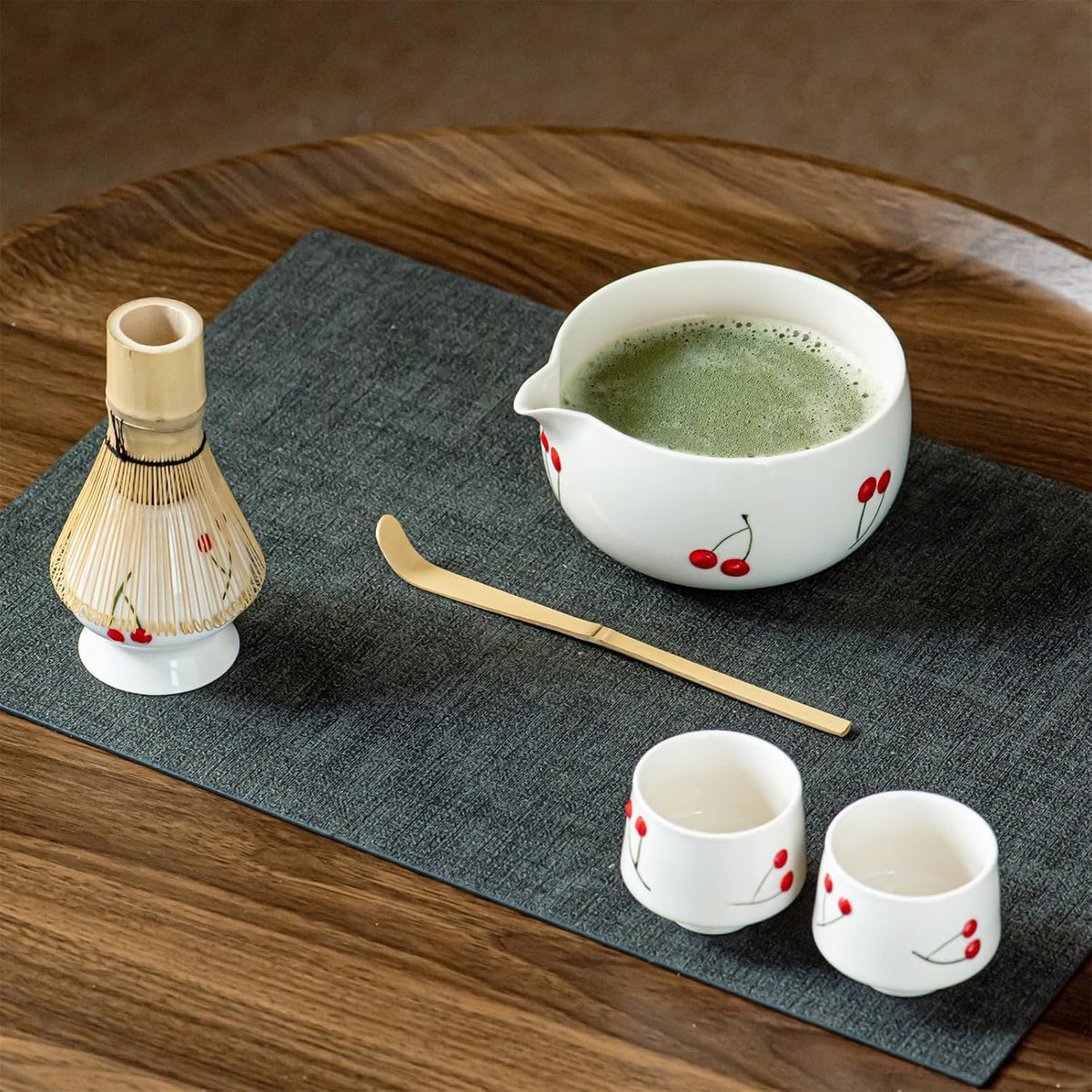 Matcha Whisk Set with Spout, Bowl & Holder, Cute Ceramic Teacups-Strawberry