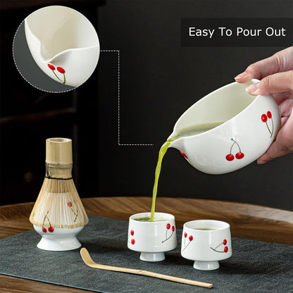 Matcha Whisk Set with Spout, Bowl & Holder, Cute Ceramic Teacups-Strawberry
