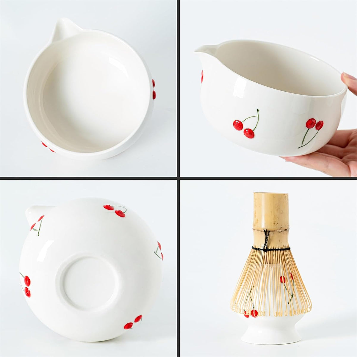 Matcha Whisk Set with Spout, Bowl & Holder, Cute Ceramic Teacups-Strawberry
