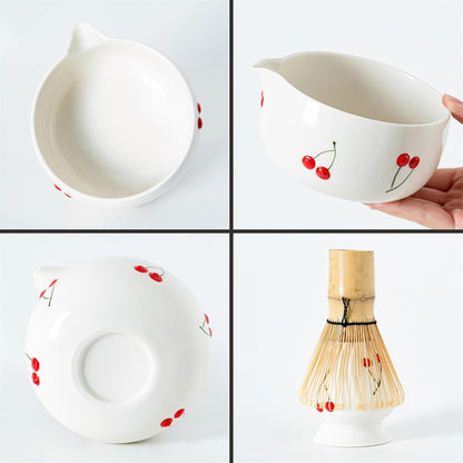 Matcha Whisk Set with Spout, Bowl & Holder, Cute Ceramic Teacups-Strawberry