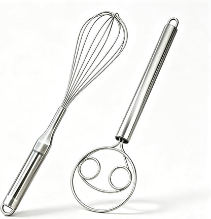 Danish Dough Whisk and Balloon Whisk Set, 2-Piece 12 Inch 316 Stainless Steel for Egg, Cream, Bread, Pizza & Sourdough Mixing, Dishwasher Safe