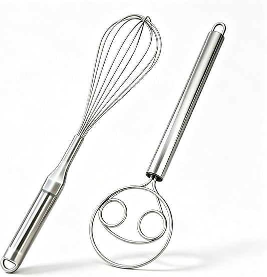 Danish Dough Whisk and Balloon Whisk Set, 2-Piece 12 Inch 316 Stainless Steel for Egg, Cream, Bread, Pizza & Sourdough Mixing, Dishwasher Safe