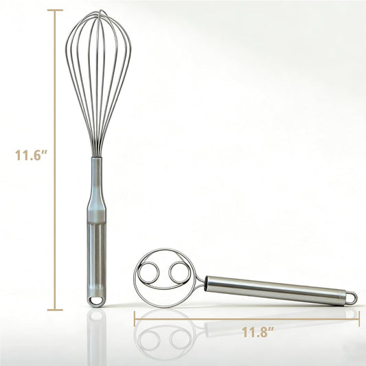 Danish Dough Whisk and Balloon Whisk Set, 2-Piece 12 Inch 316 Stainless Steel for Egg, Cream, Bread, Pizza & Sourdough Mixing, Dishwasher Safe